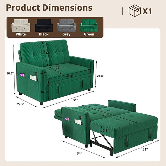 3 in 1 Convertible Sleeper Sofa Bed, Pull Out Couch with Charging Station, Corduroy Small Loveseat Sleeper Sofa with Adjustable Backrest for Apartment, Bedroom, Small Space(Green)