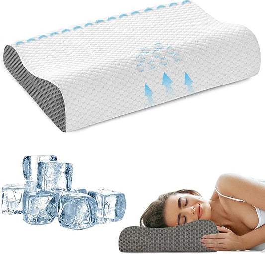 Memory Foam Cooling Bed Pillows for Sleeping, Ergonomic Cervical Pillow for Neck and Shoulder Pain Relief, Adjustable Cold Pillow,with Pillowcase(Grey)