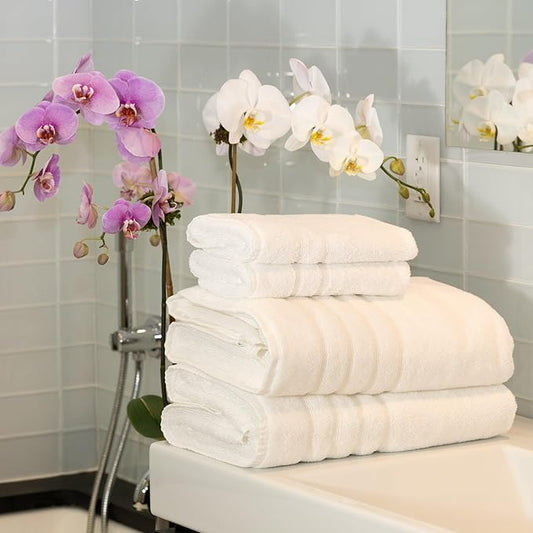 Mosobam Luxury Turkish 4pc XL Towel Set 35X70 16X30 White 700 GSM Bamboo Viscose & Aegean Turkish Combed Cotton