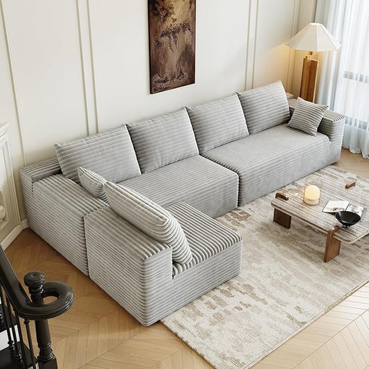 139.4" Modular Sectional Sofa, L-Shaped Minimalist Couches with Middle Seat Chaise, Modern Deep Seat Convertible Sleeper Sofa,Cloud Plush Corduroy Fabric, No Assembly Required, 5 Seater, Grey