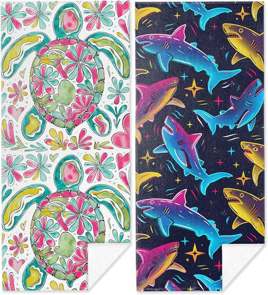 2 Pack Shark Sea Turtle Boho Floral Turtle Beach Towel Microfiber Lightweight Quick Dry Oversized Swim Towels Beach Accessories Cruise Vacation Necessities for Pool Camping Travel 32x71 inch