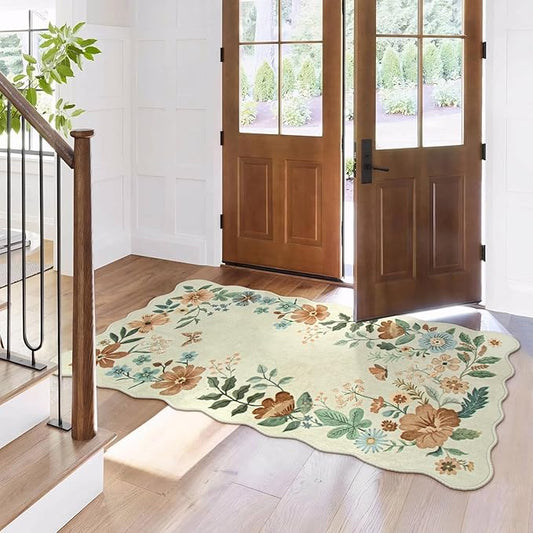 Lahome Floral Entryway Rug, 2x4 Washable Kitchen Rugs Non Slip Ultra-Thin, Front Door Mat Indoor Entrance Stain Resistant Boho Low-Pile Carpet for Entry Bathroom Bedroom(2x4ft,Beige)