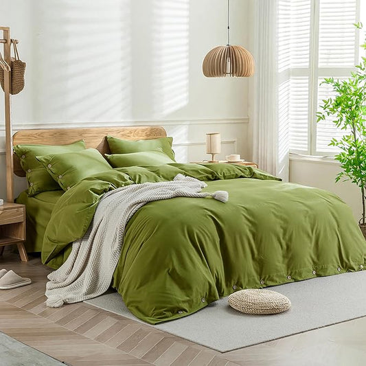 JELLYMONI Christmas Duvet Cover Full Size - Avocado Green Comforter Cover with Button 100% Washed Cotton 3PCS Breathable Soft Solid Bedding Set Duvet Cover 80×90in & 2 Pillowcases (NO Comforter)