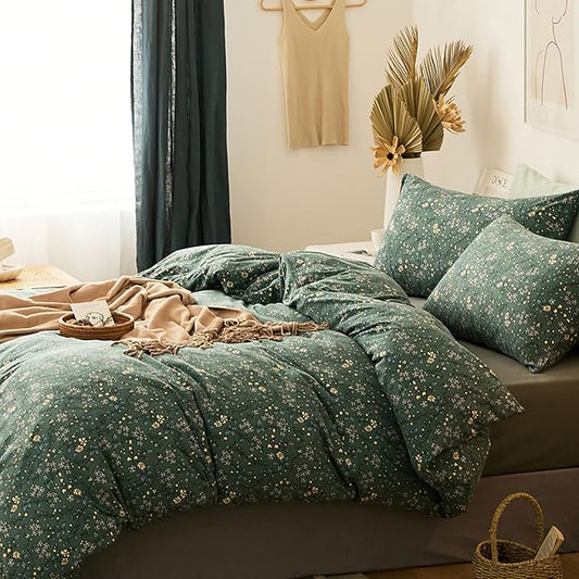 HighBuy Jersey Knit Cotton Duvet Cover King Green Floral 100% T-Shirt Cotton Comfy Bedding Sets Super Soft Garden Chic Comforter Cover King Size