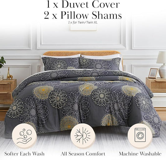 Southshore Fine Living, Inc. Floral Duvet Cover Queen Size Boho Set, Hotel Style Bedding, 1 Patterned Duvet Cover Full Size, 2 Pillow Shams, Full/Queen Bedspread - Midnight Floral Black