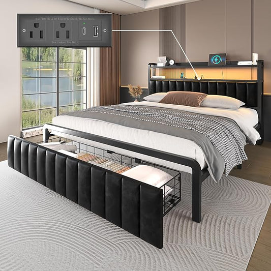 Queen Bed Frame with 2-Tier Storage Headboard, Metal Platform Bed Frame with Storage Drawers, Built in Charging Station & LED Light, PU Leather, Non-Slip, Easy to Assemble, Black