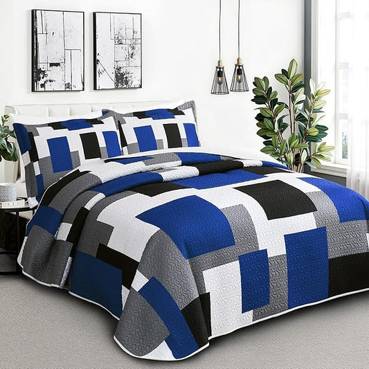2 Piece Blue White Grey Quilt Set Twin Size Black White Geometric Reversible Bedding Set Microfiber Lightweight Bedspread Coverlet with 1 Sham Modern Bed Covers for All Season, 68''x86''