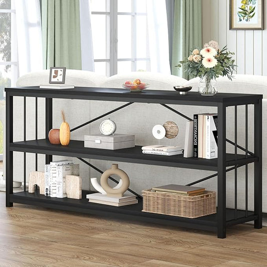 HSH Black Low Bookshelf, Wood Metal 3 Tier Long Horizontal Bookcase for Bedroom, Large Open Etagere Bookshelves with Storage for Home, Wide Under Window Book Shelf for Office Living Room, 70 Inch