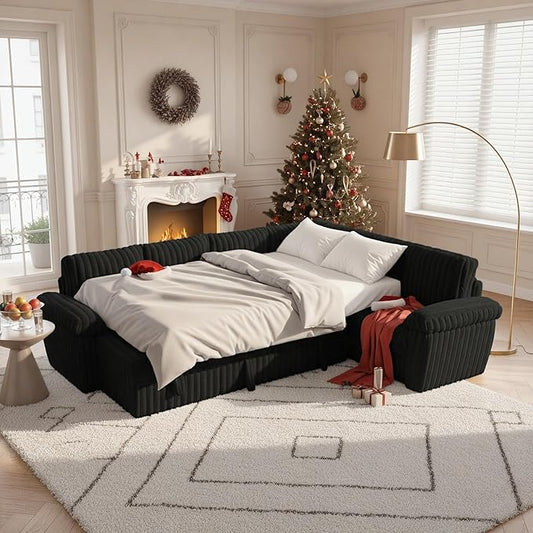 Modular Sectional Sleeper Sofa with Pull Out Bed, U Shaped 7 Seat Sectional Couches for Living Room, 110 Inch Sofa Bed with Armrest Pillows | Hidden Storage | USB Charging | Cup Holder, Black