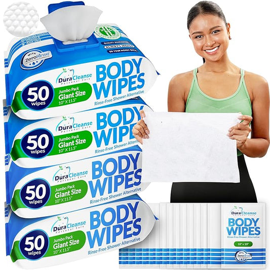 XL Body Wipes for Adults - Everyday Clean (Instant Fresh) - 4 Pack (200 XL + 16 Travel Wipes), No-Rinse Shower Alternative, Waterless Bathing Wipes for Home, Travel & Elderly Care