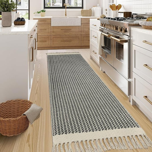 Lahome Boho Hallway Runner Rug, 2x7 Kitchen Runners Rug Washable Bath Rugs for Bathroom Woven Cotton with Tassels, Farmhouse Carpet Non Shedding Grey Rugs for Bedroom Laundry