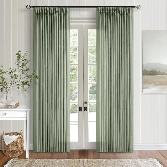 Sage Green Pinch Pleated Linen Curtains 80 Inches Long for Living Room Bedroom Light Filtering Boho Window Drape 80 inch 2 Panels with Hooks Rings Sliding Glass Door Semi Sheer Curtain Light Green