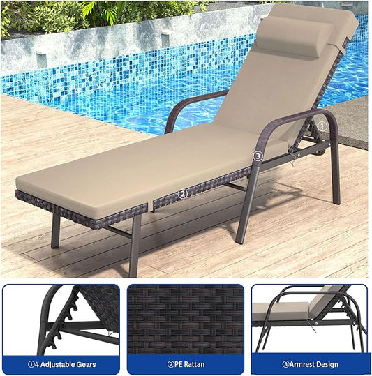 Patio Chaise Lounge Set 3 Pieces Pool Lounge Chairs,Cushioned Outdoor Folding Lounge Chair w/Arm and Rattan Adjustable Backrest for Poolside Porch,Folding Table Included,Sand