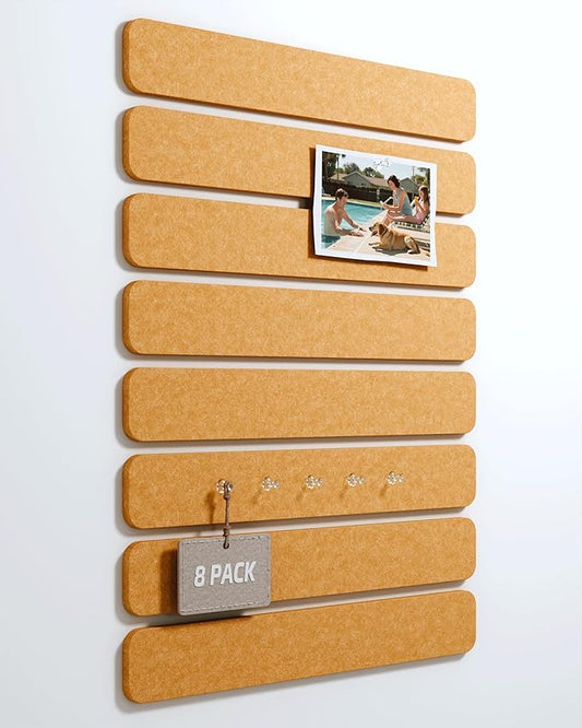 Cork Board Alternative Felt Strip Board 8-Pack 13"x2", Office Pin Board with 50 Push Pins, Adhesive Install for Bedroom Door & Home Office(Sunset Yellow)