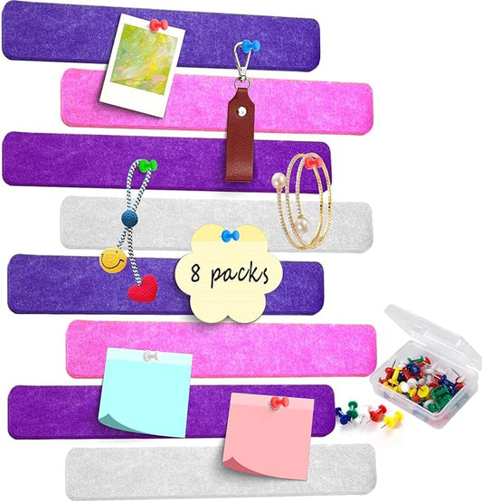 8Pcs Felt Bulletin Board Strips, Cork Board Strips for Walls Self Adhesive with 50 Pushpins, Colorful Cork Strips for Office Classroom Decor, Small Bulletin Board to Paste Photos, Notes (Pink)