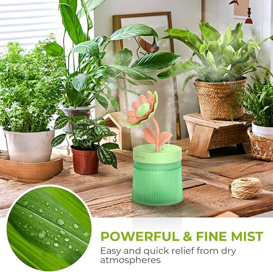 Cute Flower Mini Humidifier, 260ml Sunflower Desktop Humidifiers for Bedroom, Portable Small Cool Mist Humidification for Home, Baby Nursery, Office & Indoor Plants, USB Powered (Green)