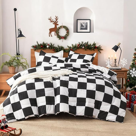 Andency Checkered Comforter Twin XL(68x92Inch), Black White Plaid Gingham Buffalo Grid Bed Set for Students Boys Kids Teens, 2 Pieces Lightweight Microfiber Geometric Dorm Bedding