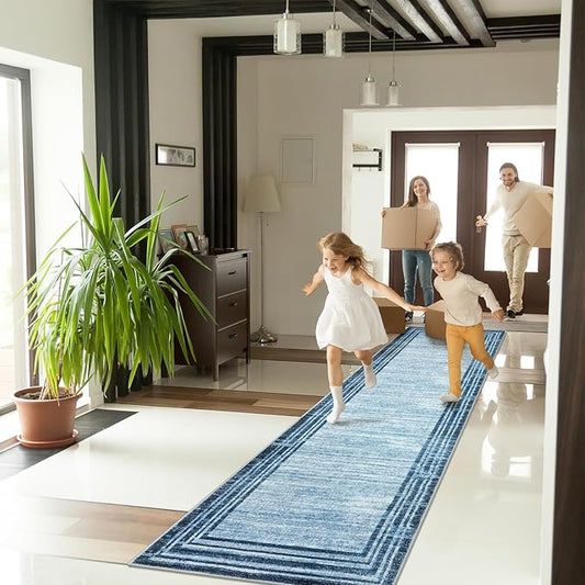 Lahome Abstract Runner Rug,2.5x12 Hallway Runner Non Slip Kitchen Runner Rug Non Skid Washable,Low-Pile Soft Blue Runners for Hallways 12 ft Minimalist Solid Indoor Carpet Runner for Entryway