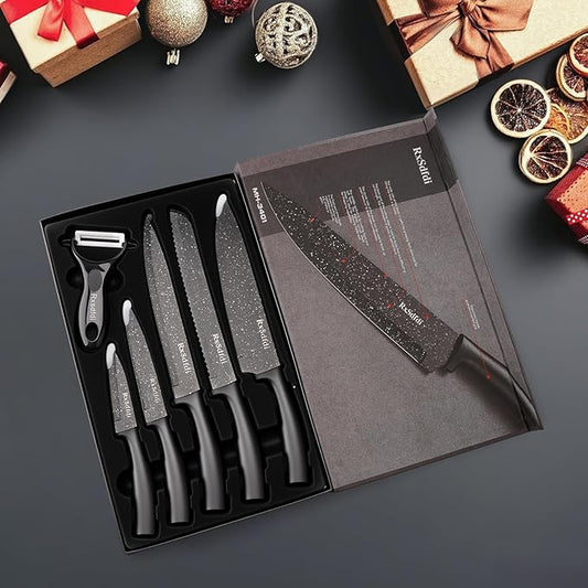 Knife Set, 6 Pieces Kitchen Knives Set with Anti-Rust Coating & Ergonomic Handles, Lightweight, Dishwasher Safe stainless steel Knife, Gift for Kitchen Enthusiasts, Family Chef(Bend)