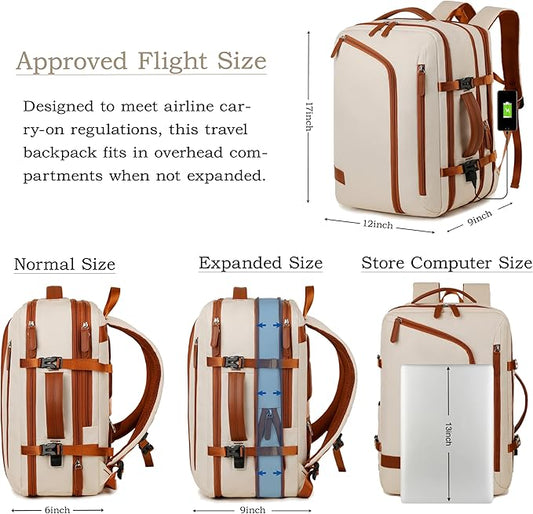 Travel Laptop Backpack for Men Women, Airline Approved Personal carry on Backpack with USB Charging Port,35L Large Water Resistant Durable anti theft Capacity Student Bag Fits 15.6 Inch Notebook,Cream