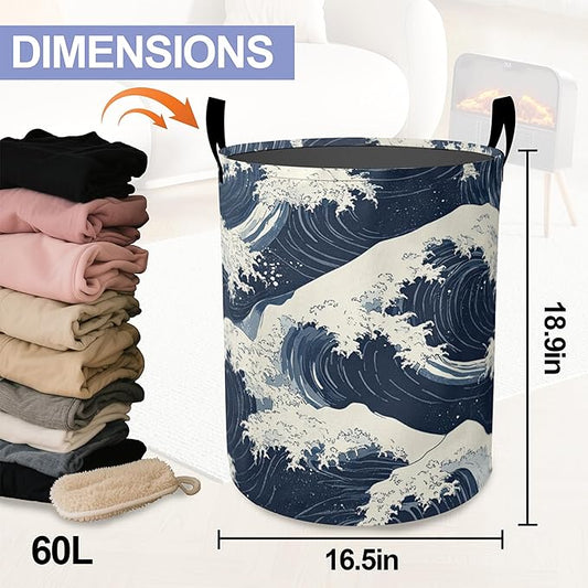 Japanese Style Waves Laundry Hamper Large Canvas Fabric Lightweight Storage Basket/Dirty Clothes Collapsible Waterproof for College Dorms, Boys and Girls Bedroom,Bathroom
