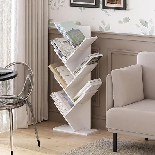 Furinno Tree Book Shelf, 7-Tier Bookshelf, Tree Bookcase for Room Decor, 8.4 x 15.7 x 39.4, for Living Room, Bedroom, Home Office, White