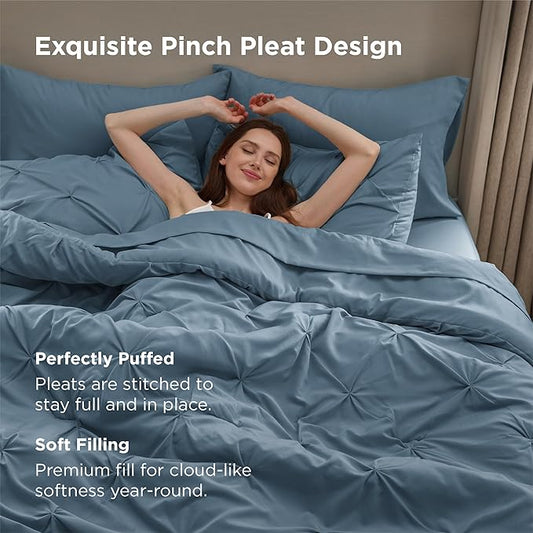 Bedsure Queen Comforter Set Mineral Blue - Bed in a Bag Queen 7 Pieces, Pintuck Bedding Sets Gift for Christmas, Pinch Pleat Bed Set with Queen Size Comforter, Sheets, Pillowcases & Shams