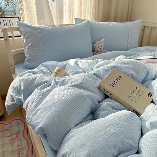 mixinni Blue Gingham Duvet Cover Full Size - 3 Piece Cottagecore Plaid Bedding Set with Lace Trim, Soft Washed Microfiber Vintage Aesthetic Grid Comforter Cover & Pillow Shams, (Blue White Gingham)