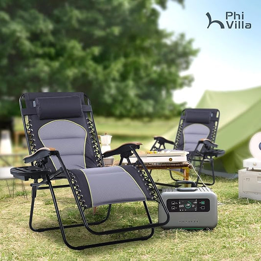 PHI VILLA XXL Oversized Padded Zero Gravity Chair Set of 2, Foldable Patio Recliner, 30" Wide Seat Anti Gravity Lounger with Armrest and Cup Holder, Support 400 LBS (Grey Accents)