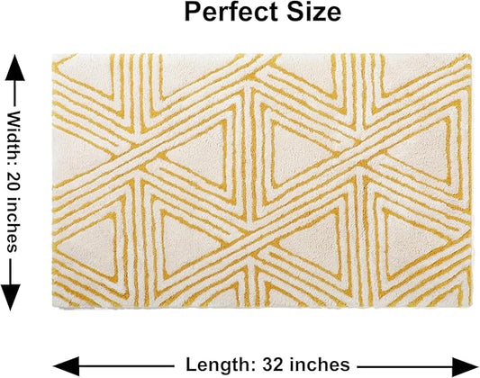 Organic Cotton Bathroom Rug, Luxury Non Slip Ultra Soft & Water Absorbent | Triangles Design Premium Bath Rug | Perfect for Tub & Shower, Toilet Floor Door Bath Mat (32"x20" Ivory & Yellow Ochre)