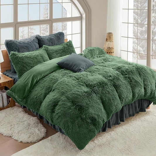 Sasttie 3-Piece Fluffy Duvet Cover Queen, Ultra Soft Faux Fur and Velvet Sage Comforter Cover, Luxury Fuzzy Bedding Sets for Winter Bed, Includes 1 Duvet Cover and 2 Pillowcases, No Comforter