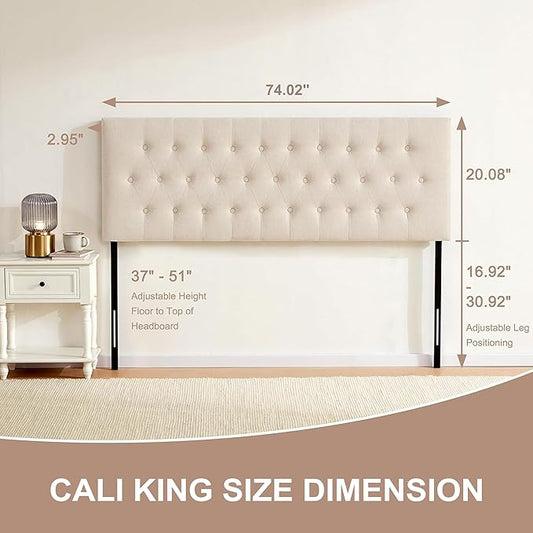 Tufted Upholstered Headboard California King Size, Solid Wood Head Board with Durable Metal Legs, Adjustable Height Bed headboard from 37” to 51” Fabric Headboard in Button Design, Beige
