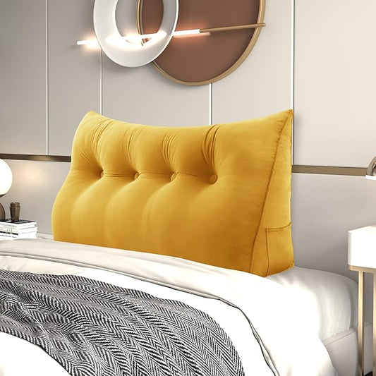 Headboard Wedge Pillow Large Bolster Reading Pillows for Sitting in Bed Adult, Velvet Triangular Cushion Backrest Lumbar Back Support Upholstered Daybed Sit Up Book Pillows(Yellow, Full)