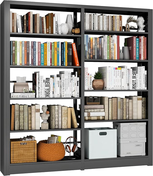 5 Tier Metal Bookshelf, 69" Tall Bookcase with Adjustable Storage Shelves, Heavy Duty Metal Book Shelf Organizer for Living Room, Office, Library, Including Book Stoppers (Black, Set of 2)