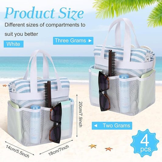Hillban 4 Pcs Mesh Shower Caddy Portable Large Quick Dry Shower Caddy Basket with Deeper 8 Pockets and 2 Handles Hanging Bag for College Dorm Room(White)