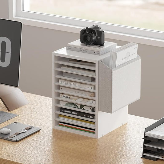 Office Mail Sorter, Wooden Paper Organizer with Storage Bag, 10 Tier Adjustable Classroom Mailbox, Removable Classroom Organization, Teacher Desk Organization for Office, Study, White