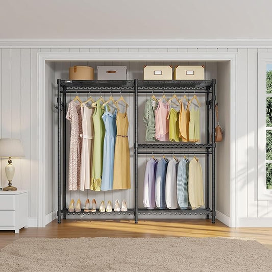 VIPEK V4 Heavy Duty Clothing Rack for Hanging Clothes 810lbs Load Capacity, Double Rod Garment Rack with Adjustable Shelves & Side Hooks, Metal Wardrobe Closet System Easy to Assemble, (Black)