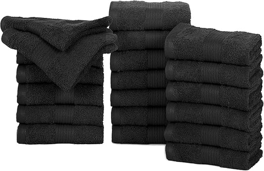 Ample Decor Wash Cloths Pack of 20, Oeko Tex Certified 600 GSM 100% Cotton Soft Absorbent, Premium Quality Durable Machine Washable, Ideal for Bathroom, Pool, Hotel, Spa – Black
