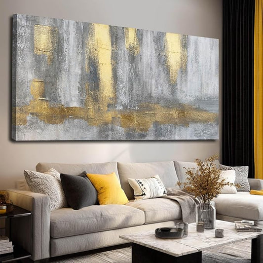 XIANSHOU Gold Wall Decor Hand Drawn Paintings Abstract Canvas Wall Art Large Pictures Grey Poster Arts 29"x58"