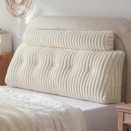 Headboard Pillow + A Long Neck Roll Pillow Body Pillow,Faux Fur Headboard Wedge Pillow with Removable Cover (Beige, Queen:59x8x20 inches)