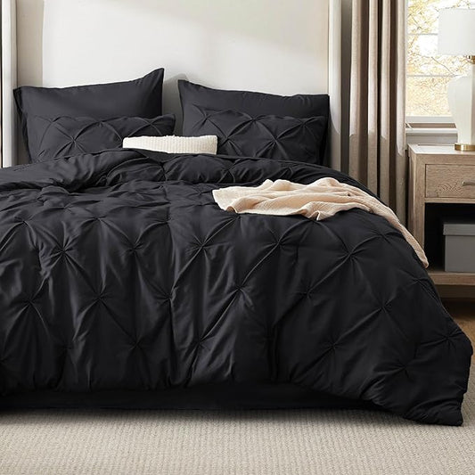 Bedsure Oversized Queen Comforter Set Black - Bed in a Bag Bedding Set 7 Pieces, GentleSoft™ Pintuck Bed Set Gift for Family, Pinch Pleat All Season Comforter with Sheets, Pillowcases & Shams