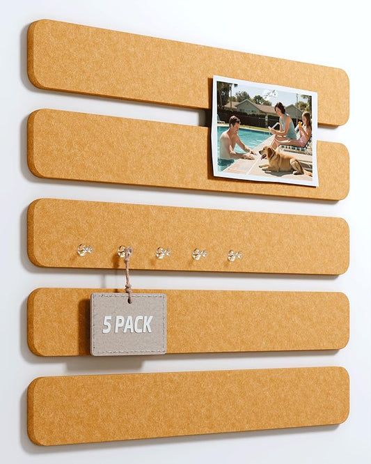 Cork Board Alternative Felt Strip Board 5-Pack 13"x2", Office Pin Board with 35 Push Pins, Adhesive Install for Bedroom Door & Home Office(Sunset Yellow)