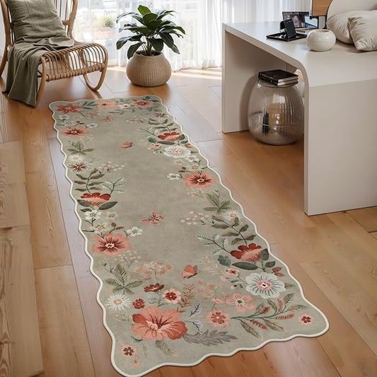 Lahome Floral Kitchen Runner, 2X6 Washable Runner Rug Non-Slip, Ultra-Thin Soft Hallway Rug Stain Resistant Boho Carpet for Bedroom Laundry Bathroom, Brown