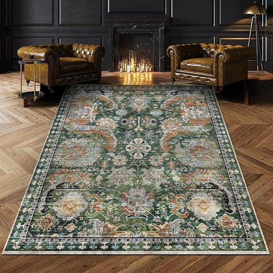 RUGSURE Washable Area Rugs - Perfect for Living Room, Bedroom, Kids Room, Nursery - Stain & Water Resistant Non-Slip, Pet & Child Friendly, Vintage Tribal Area Rugs (Green, 4' x 6')
