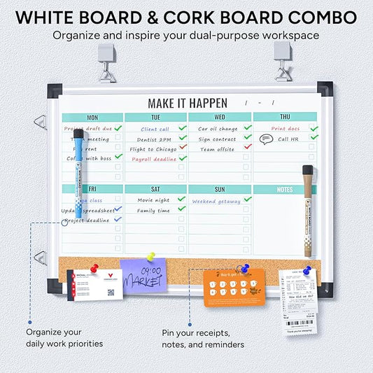 Weekly Calendar Whiteboard and Cork Board Combo for Wall, 17"x13" Reversible Hanging Dry Erase Board, Double Sided White Board with Aluminum Frame for Planning, Office, Kitchen, School, Home