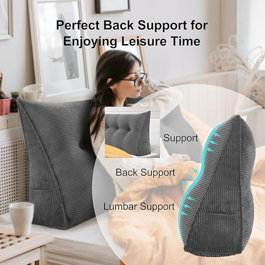 WOWMAX Triangular Headboard Pillow Twin Dorm Headboard Twin XL Bed Wedge Pillow Bolster for Bed with Removable Cover, Corduroy Grey