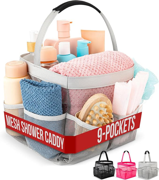 Masirs Mesh Shower Caddy - 9 Pocket Portable Bathroom Organizer Tote for Travel, Gym & Dorm - Collapsible Small Shower Caddy Bag to Hold Toiletries & Essentials (Gray)