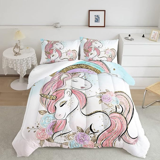 CVHOUSE Unicorn Bedding Queen Size Set, Cute Unicorn Comforter Set for Girls' Room Decor, 3 Pieces