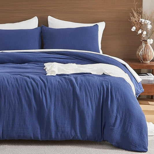 EMME Muslin Cotton Duvet Cover Set Navy Queen Size Linen Like Soft Breathable Lightweight Summer Comforter Cover Set with Zipper Closure (Navy, Queen, 90"x90")
