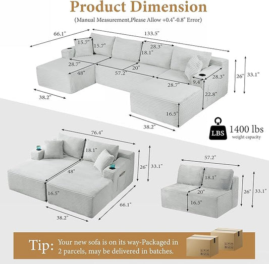134''Oversized Modular Sectional Sofa Boneless Cloud Couch with Chaise Comfy Sectional Couches for Living Room,Bedroom,Apartment (Light Grey, 134''W U-Shaped)